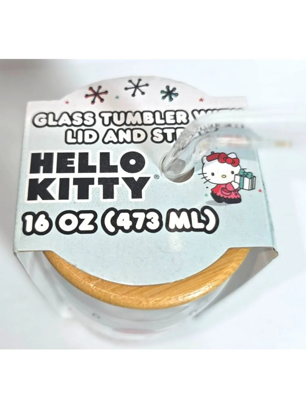 Sanrio Hello Kitty Christmas Glass Tumbler w/Bamboo Lid & Glass Straw 16oz Peppe